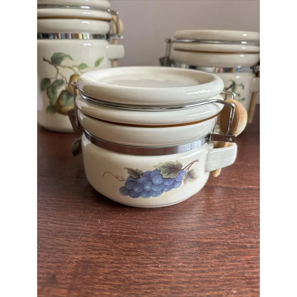 Vintage Ceramic Food Canister Set Pears Apples Grapes‎ With Wooden Spoons